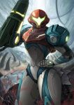  1girl absurdres arm_cannon armor blood bone commentary_request corpse creature eguchi_tumoru gun hand_on_hip helmet highres looking_at_viewer metroid metroid_dread power_armor power_suit samus_aran science_fiction solo upper_body visor weapon 