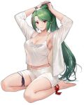  1girl ankle_ribbon armpits arms_up azur_lane blouse breasts cleavage eyebrows_visible_through_hair full_body green_hair lace-trimmed_blouse lace_trim large_breasts littorio_(azur_lane) littorio_(lounging_emerald)_(azur_lane) long_hair looking_at_viewer medium_breasts midriff_peek nagu official_alternate_costume official_art open_blouse open_clothes ponytail red_eyes red_hair red_ribbon ribbon round_table see-through_shirt shirt shorts sleepwear solo tank_top transparent_background tying_hair white_blouse white_shirt white_shorts 