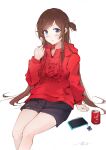  1girl absurdres blue_eyes blush brown_hair can cellphone cellphone_charm charm_(object) highres jacket kanojo_okarishimasu long_hair long_sleeves looking_at_viewer luozhou_pile mizuhara_chizuru one_side_up phone red_jacket ruffling_hair shorts simple_background sitting soda_can solo white_background 