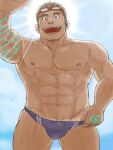  1boy :d abs alternate_costume armpit_peek bara body_markings bulge clothes_pull commentary_request feet_out_of_frame goggles goggles_on_head highres hima_hawa kurogane_(housamo) large_pectorals long_sideburns looking_at_viewer male_focus muscular muscular_male navel navel_hair nipples pectorals pulled_by_self purple_male_swimwear short_hair sideburns smile solo stomach sunlight swimsuit_pull tan tanlines thick_eyebrows thick_thighs thighs tokyo_afterschool_summoners topless_male wet 