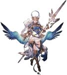  1girl armor armored_boots blue_eyes boots braid gauntlets helmet lenneth_valkyrie long_hair official_art silver_hair third-party_source valkyrie valkyrie_profile weapon winged_helmet wings yuya_nagai 