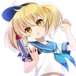  1girl :o blonde_hair blue_sailor_collar eyebrows_visible_through_hair gun hat highres kitashirakawa_chiyuri medium_hair midriff_peek open_mouth sailor sailor_collar sailor_hat sea_scorpion_(umisasori) short_hair simple_background touhou touhou_(pc-98) twintails uniform upper_body weapon white_background white_headwear yellow_eyes 