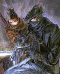  2boys black_hair bloodborne boots cloak facial_hair fighting gloves gun guri_otoko hat highres holding holding_sword holding_weapon hunter_(bloodborne) japanese_clothes katana long_hair male_focus mask mouth_mask multiple_boys ninja ponytail prosthesis prosthetic_arm rain saw_cleaver scar scarf sekiro sekiro:_shadows_die_twice short_hair standing sword tricorne weapon 