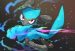  commentary creature energy full_body glowing gradient gradient_background hand_up highres looking_at_viewer no_humans nullma pokemon pokemon_(creature) red_eyes riolu shiny shiny_skin signature solo tail_raised toes 