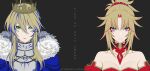  2girls absurdres artoria_pendragon_(fate) artoria_pendragon_(lancer)_(fate) bangs blonde_hair braid cape crown derivative_work eyelashes fate/grand_order fate_(series) french_braid fur-trimmed_cape fur_trim green_eyes highres mordred_(fate) mordred_(fate/apocrypha) multicolored_eyes multiple_girls ponytail red_scrunchie scrunchie sidelocks simple_background yuuta_(yuuta0312) 