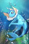  :o absurdres air_bubble blurry bubble commentary fang highres looking_up no_humans nullma open_mouth pokemon pokemon_(creature) purple_eyes solo toes underwater vaporeon 
