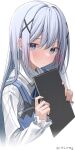  1girl absurdres blue_eyes blue_hair blue_vest blush closed_mouth collared_shirt eyebrows_visible_through_hair gochuumon_wa_usagi_desu_ka? hair_between_eyes hair_ornament highres holding kafuu_chino kawai_ritsu_(rits_meg) long_hair long_sleeves rabbit_house_uniform shirt simple_background solo twitter_username upper_body vest white_background white_shirt x_hair_ornament 