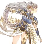  1girl advent-lezard armor armored_dress fighting_stance helmet holding holding_sword holding_weapon lenneth_valkyrie long_hair low-braided_long_hair open_mouth silver_hair sword valkyrie valkyrie_profile weapon winged_helmet 