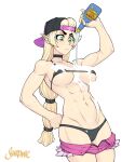  1girl abs artist_name backwards_hat baseball_cap bikini blonde_hair breasts choker commentary cowboy_shot earrings elf english_commentary freckles green_eyes hat highres holding jewelry large_breasts long_hair lotion muscular muscular_female navel original pointy_ears shardanic short_shorts shorts simple_background solo sunscreen swimsuit watermark white_background 