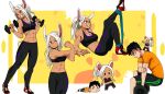  1boy 1girl abs animal_ears artist_self-insert boku_no_hero_academia breasts chibi cleavage commentary dark-skinned_female dark_skin dashi dragging dumbbell exercise grin highres long_hair looking_at_viewer medium_breasts mirko multiple_views muscular muscular_female navel ponytail rabbit_ears rabbit_girl rabbit_tail red_eyes skin_tight smile sports_bra stretch tail white_hair 