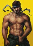  1boy abs bara bare_pectorals beard big_boss brown_hair clothes_pull commentary_request dark-skinned_male dark_skin dog_tags eyepatch facial_hair headband male_focus mature_male metal_gear_(series) mouth_hold muscular muscular_male navel navel_hair nick300 nipples pants pants_pull pectorals pulled_by_self short_hair solo stitches stomach topless_male wind 