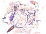  1girl bangs bare_shoulders blunt_bangs braid dress emilia_(re:zero) eyebrows_visible_through_hair floral_background flower frilled_dress frilled_sleeves frills hair_flower hair_ornament hand_up highres hiwa_kouta purple_eyes re:zero_kara_hajimeru_isekai_seikatsu ribbon rose silver_hair solo thighhighs white_flower white_rose 