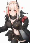  1girl black_jacket black_legwear black_scarf black_skirt blush breasts cleavage closed_mouth collarbone eyebrows_visible_through_hair feet_out_of_frame girls&#039;_frontline hair_ornament hand_on_hip highres jacket leaning_forward long_hair looking_at_viewer m4_sopmod_ii_(girls&#039;_frontline) medium_breasts multicolored_hair navel pink_hair red_eyes scarf skirt smile solo standing thighhighs torn_jacket umber00 white_background 