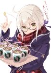  1girl ahoge artoria_pendragon_(fate) bad_id bad_pixiv_id bangs banned_artist coat coffee coffee_cup cup desert disposable_cup eyebrows_behind_hair eyebrows_visible_through_hair fate/grand_order fate_(series) food glasses hair_between_eyes holding holding_plate looking_at_viewer mirai_(macharge) mysterious_heroine_x_(alter)_(fate) plate scarf school_uniform silver_hair simple_background solo star_(symbol) sweets white_background white_hair yellow_eyes 