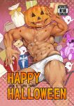  1boy abs bara blush box bulge chest_hair commentary_request cover cover_page cum cum_on_body cum_on_boy cum_on_pectorals dark-skinned_male dark_skin doujin_cover embarrassed feet_out_of_frame gift gift_bag gift_box gift_wrapping halloween halloween_costume happy_halloween highres jack-o&#039;-lantern large_pectorals looking_at_viewer lying male_focus male_underwear male_underwear_pull mizuki_gai muscular muscular_male navel navel_hair nipples on_back original pectorals pumpkin_hat sexually_suggestive solo stomach suggestive_fluid thick_thighs thighs topless_male underwear underwear_only 