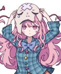  1girl absurdres blue_bow blue_bowtie blush_stickers bow bowtie broken_mask buttons commentary expressionless green_shirt hands_up hata_no_kokoro highres kame_(kamepan44231) long_hair looking_at_viewer mask mask_on_head pink_eyes pink_hair plaid plaid_shirt shirt simple_background solo tears touhou upper_body very_long_hair white_background 