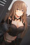  1girl absurdres black_tank_top blush breasts brown_eyes brown_hair cleavage closed_mouth collarbone eyebrows_visible_through_hair girls&#039;_frontline hair_ornament hairclip highres k2_(girls&#039;_frontline) long_hair looking_at_viewer medium_breasts navel panties simple_background solo tank_top umber00 underwear upper_body 