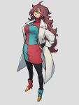  1girl android_21 checkered checkered_dress closed_eyes dragon_ball dragon_ball_fighterz dress earrings full_body glasses grey_background hoop_earrings jewelry kemachiku labcoat long_hair pantyhose red_hair red_ribbon_army simple_background solo standing 