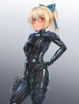  1girl black_bodysuit blonde_hair blue_bow blush bodysuit bow breasts closed_mouth commentary_request cowboy_shot dark-skinned_female dark_skin gantz gantz_suit gun hair_bow hand_up highres holding holding_gun holding_weapon hololive long_hair looking_at_viewer medium_breasts parazan_d pointy_ears ponytail red_eyes shiranui_flare skin_tight solo sweat virtual_youtuber weapon x-gun 