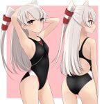  1girl absurdres amatsukaze_(kancolle) arms_behind_head black_swimsuit breasts brown_eyes competition_swimsuit covered_nipples cowboy_shot from_behind hair_tubes highres kantai_collection long_hair looking_at_viewer multiple_views nokonoko one-piece_swimsuit pink_background silver_hair small_breasts swimsuit two-tone_background two_side_up windsock 