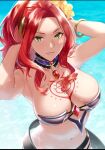  1girl bikini breasts cleavage flower green_eyes hair_flower hair_ornament highres large_breasts looking_at_viewer malty_s_melromarc ponytail red_hair rza_game slave_tattoo smile solo swimsuit tate_no_yuusha_no_nariagari tattoo water wet 