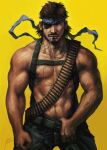  1boy abs bara bare_pectorals beard big_boss brown_hair clothes_pull commentary_request dark-skinned_male dark_skin dog_tags eyepatch facial_hair headband male_focus mature_male metal_gear_(series) mouth_hold muscular muscular_male navel navel_hair nick300 nipples pants pants_pull pectorals pulled_by_self short_hair solo stomach topless_male wind 