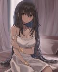  1girl bangs bare_shoulders bed_sheet blush bracelet choker commentary_request cowboy_shot curtains dress eyebrows_visible_through_hair hair_between_eyes hand_up highres hinomaru_(futagun) jewelry long_hair looking_at_viewer necklace off_shoulder original parted_lips pillow sidelocks sitting sleeveless solo 
