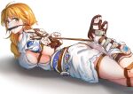  1girl absurdres arms_behind_back bdsm bit_gag blonde_hair bondage bound bracer breasts crotch_rope dress earrings gag gagged gn_nanon green_eyes highres hogtie jewelry large_breasts long_hair lying on_stomach rope saliva sandals sophitia_alexandra soulcalibur soulcalibur_iv white_background white_dress 