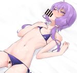  1girl after_sex after_vaginal ahoge ass_visible_through_thighs bangs bar_censor bare_arms bare_shoulders bikini bikini_aside bikini_lift blush breasts bright_pupils censored clothes_lift clothing_aside commission cum cum_in_pussy cum_on_body cum_on_breasts cum_on_hair cum_on_stomach disembodied_penis facial fellatio full-face_blush hand_on_own_chest hetero highres low_twintails micro_bikini nasuno_(nasuno42) navel nipple_slip nipples oral penis purple_bikini purple_eyes purple_hair purple_ribbon pussy ribbon short_hair_with_long_locks side-tie_bikini skeb_commission solo stomach swimsuit twintails vocaloid voiceroid yuzuki_yukari 