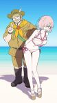  1boy 1girl arms_behind_back bangs bare_shoulders beach bikini black_footwear blonde_hair blue_sky blush boots breasts brown_shirt brown_shorts cleavage closed_eyes collarbone day facial_hair fat fat_man fate/grand_order fate_(series) glasses goredolf_musik grin hair_over_one_eye hat highres large_breasts light_purple_hair mash_kyrielight mash_kyrielight_(swimsuit_of_perpetual_summer_ver.02) multicolored_bikini multicolored_clothes mustache navel ocean one_eye_covered rainbow_bikini scarf scout_uniform sheer_clothes shirt shore short_hair short_sleeves shorts sky smile striped striped_bikini swimsuit v wada_arco water yellow_scarf 