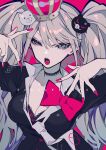  1girl absurdres bangs bear_hair_ornament black_bra black_choker black_necktie black_shirt blonde_hair blue_eyes bow bow_shirt bra breasts brown_background choker cleavage collarbone commentary_request crown danganronpa:_trigger_happy_havoc danganronpa_(series) enoshima_junko hair_ornament hands_up highres long_hair mochizuki_kei necktie open_mouth pink_background pink_bow red_bra red_nails shiny shiny_hair shirt smile teeth tongue tongue_out twintails underwear 