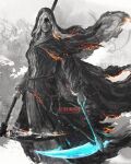  1girl ashes_of_ariandel closed_mouth commentary dark_souls_(series) dark_souls_iii english_commentary habit highres holding holding_scythe hood hood_up long_hair looking_at_viewer nun one_eye_covered rosary scythe shimhaq sister_friede solo veil 
