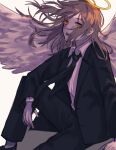  1boy angel angel_devil_(chainsaw_man) angel_wings black_jacket blonde_hair business_suit chainsaw_man collared_shirt feathered_wings formal hair_between_eyes halo highres jacket long_hair long_sleeves male_focus necktie open_mouth pants shirt simple_background sitting solo suit tanuyama white_shirt white_wings wings 