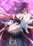  1girl :o arms_up azur_lane between_breasts bismarck_(azur_lane) blonde_hair blue_eyes blurry bokeh breasts cape cleavage depth_of_field gloves gold_trim hair_between_eyes hat highres holding ken_ill large_breasts long_hair long_sleeves open_clothes open_mouth outstretched_hand pink_background solo sparkle_background teeth upper_teeth white_gloves 
