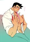  1boy abs ace_attorney bara bare_pectorals beard between_pectorals black_hair blush commentary_request cropped_torso dick_gumshoe facial_hair food hands_on_own_chest large_pectorals long_sideburns male_focus mature_male mov muscular muscular_male navel navel_hair nipples open_clothes open_shirt pectorals popsicle short_hair sideburns solo spiked_hair stomach stubble sweatdrop translated undone_necktie 