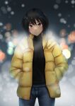  1girl absurdres amagami black_eyes black_hair black_sweater blue_pants blurry blurry_background bob_cut commentary cowboy_shot denim down_jacket hands_in_pockets highres jacket jeans lens_flare light_particles looking_at_viewer nanasaki_ai outdoors pants short_hair snow solo sweater yellow_jacket ykh1028 