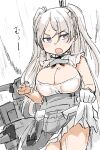 1girl absurdres breasts cleavage cleavage_cutout clothes_lift clothing_cutout commentary_request conte_di_cavour_(kancolle) corset cowboy_shot dress dress_lift fang frilled_dress frills gloves grey_eyes highres kantai_collection large_breasts long_hair looking_at_viewer machinery open_mouth poyo_(hellmayuge) remodel_(kantai_collection) silver_hair solo two_side_up white_dress white_gloves 