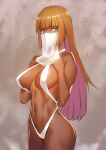  1girl bangs bikini blonde_hair blunt_bangs breast_suppress breasts colored_inner_hair cowboy_shot dark-skinned_female dark_skin green_eyes hamushima hands_up hime_cut large_breasts long_hair looking_at_viewer mouth_veil multicolored_hair navel original purple_hair sidelocks sling_bikini_top solo standing swimsuit toned two-tone_hair veil white_bikini 