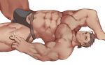  1boy abs absurdres arm_up bara black_male_underwear brown_hair bulge cigarette facial_hair feet_out_of_frame goatee guoguo highres jockstrap large_pectorals long_sideburns looking_at_viewer lying male_focus male_pubic_hair male_underwear mature_male mononobe_kyoma multicolored_hair muscular muscular_male navel nipples on_back pectorals pubic_hair pubic_hair_peek short_hair sideburns solo spread_legs stomach streaked_hair thick_eyebrows thick_thighs thighs tokyo_afterschool_summoners topless_male underwear underwear_only white_hair 