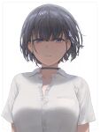  1girl absurdres black_choker black_hair blue_eyes breast_pocket breasts buttons choker collared_shirt commentary_request dress_shirt earrings eyebrows_visible_through_hair free_style_(yohan1754) hair_ribbon highres jewelry large_breasts looking_at_viewer original parted_lips partially_unbuttoned pocket ribbon shirt short_hair short_sleeves simple_background solo upper_body white_background white_shirt 