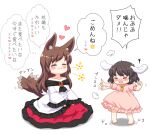  2girls :3 animal_ear_fluff animal_ears bangs bare_shoulders bebeneko bite_mark black_hair blush breasts brooch brown_hair carrot_necklace closed_eyes commentary_request cowboy_shot crying dress eyebrows_visible_through_hair floppy_ears flying_sweatdrops frilled_dress frilled_sleeves frills happy heart imaizumi_kagerou inaba_tewi jewelry long_hair long_sleeves multiple_girls off-shoulder_dress off_shoulder open_mouth pink_dress puffy_short_sleeves puffy_sleeves rabbit_ears short_hair short_sleeves simple_background sitting tail tail_wagging touhou translation_request white_background white_dress wolf_ears wolf_tail 