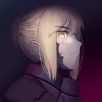  1girl armor artoria_pendragon_(fate) blonde_hair boa_(brianoa) braid braided_bun closed_mouth fate/stay_night fate_(series) from_side highres looking_at_viewer looking_to_the_side pale_skin portrait profile red_background saber_alter sideways_glance solo yellow_eyes 