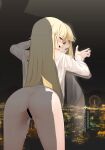  1boy 1girl :d absurdres against_glass against_window ass bang_dream! bangs bar_censor bare_legs bent_over blonde_hair blush bottomless censored city_lights cityscape cum cum_in_pussy from_behind half-closed_eyes hand_on_another&#039;s_waist hetero highres indoors irochan leaning_forward long_hair long_sleeves looking_at_another looking_back naked_shirt night night_sky off_shoulder open_mouth overflow penis reflection sex sex_from_behind shirt sidelocks silhouette sky smile standing standing_sex torso_grab transparent tsurumaki_kokoro vaginal white_shirt window 