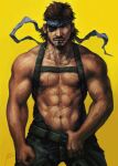  1boy abs bara bare_pectorals beard big_boss brown_hair chest_harness clothes_pull commentary_request dark-skinned_male dark_skin dog_tags eyepatch facial_hair harness headband male_focus mature_male metal_gear_(series) mouth_hold muscular muscular_male navel navel_hair nick300 nipples pants pants_pull pectorals pulled_by_self short_hair solo stomach topless_male wind 