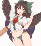  1girl :d arm_cannon ass_visible_through_thighs bangs black_hair black_wings blush breasts cape center_frills commentary_request control_rod eyebrows_visible_through_hair feathered_wings frilled_shirt_collar frills green_panties green_ribbon hair_between_eyes hair_ribbon highres index_finger_raised long_hair looking_at_viewer medium_breasts miyo_(ranthath) navel no_pants panties ponytail puffy_short_sleeves puffy_sleeves red_eyes reiuji_utsuho ribbon shirt short_sleeves side-tie_panties simple_background smile solo string_panties third_eye touhou underwear weapon white_background white_shirt wings 