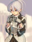  1girl armor blurry blurry_background boa_(brianoa) breastplate commentary cowboy_shot depth_of_field embarrassed english_commentary fidgeting gauntlets grey_hair hair_between_eyes hands_up highres index_fingers_together long_sleeves looking_away melty_blood open_mouth ponytail purple_eyes riesbyfe_stridberg solo standing sweatdrop tsukihime twitter_username 