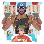  2boys anchor_necklace apron archie_(pokemon) bara beard black_apron black_eyes black_hair blue_bandana commentary_request cooking dark-skinned_male dark_skin facial_hair food_stand green_(grimy) highres large_pectorals male_focus mature_male maxie_(pokemon) multiple_boys muscular muscular_male mustache naked_apron pectoral_cleavage pectorals pokemon pokemon_(game) pokemon_oras short_hair sidepec yakisoba yaoi 