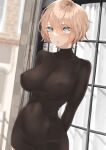  1girl black_sweater blonde_hair blue_eyes blush bralines breasts covered_navel covered_nipples hair_between_eyes highres large_breasts original pantylines parted_lips short_hair solo sweater throtem turtleneck turtleneck_sweater 