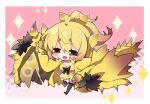  1girl :d ahoge bangs black_bow black_legwear blonde_hair bow breasts chibi commentary_request dragon_girl dragon_horns dragon_wings dress eyebrows_visible_through_hair fang full_body gold_rathian hair_between_eyes halftone halftone_background highres horns looking_at_viewer medium_breasts milkpanda monster_hunter_(series) no_shoes personification pink_background rathian red_eyes short_eyebrows smile solo sparkle strapless strapless_dress thick_eyebrows thighhighs wings yellow_dress 