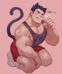  1boy :q absurdres animal_ears bara bare_shoulders black_tank_top blush cat_boy cat_ears cat_tail covered_nipples dark_blue_hair guoguo heart highres large_pectorals long_sideburns looking_at_viewer male_focus muscular muscular_male one_eye_closed original paw_pose pectoral_cleavage pectorals red_shorts short_hair shorts sideburns sidepec socks solo tail tail_raised tank_top tongue tongue_out whiskers 